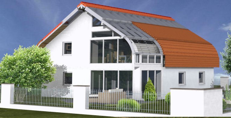 Planungsbeispiel Einfamilienhaus Bogenhaus 159SB20 - Südansicht Copyright: Bio-Solar-Haus