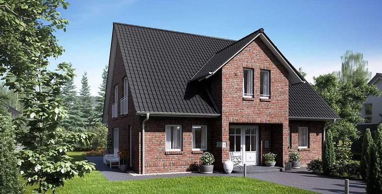 Das Basishaus mit Satteldach,
45° Dachneigung und 75 cm Drempel im Rohbaumaß Copyright: 
