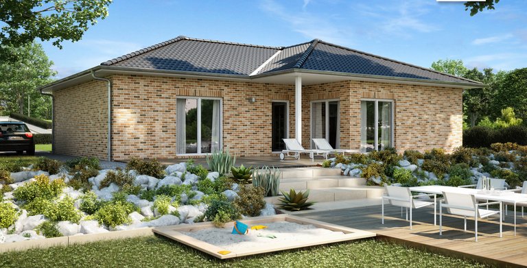 Vielseitiger Kern-Haus Bungalow Balancer mit attraktiver Klinker-Fassade, Gartenansicht Copyright: 