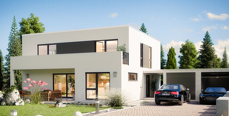 Das Einfamilienhaus mit Flachdach wurde mit Balkon und Doppelgarage geplant Copyright: TALBAU-Haus GmbH