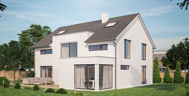 Das Einfamilienhaus wurde mit einem zusätzlichem Flachdachquerbau geplant Copyright: TALBAU-Haus GmbH